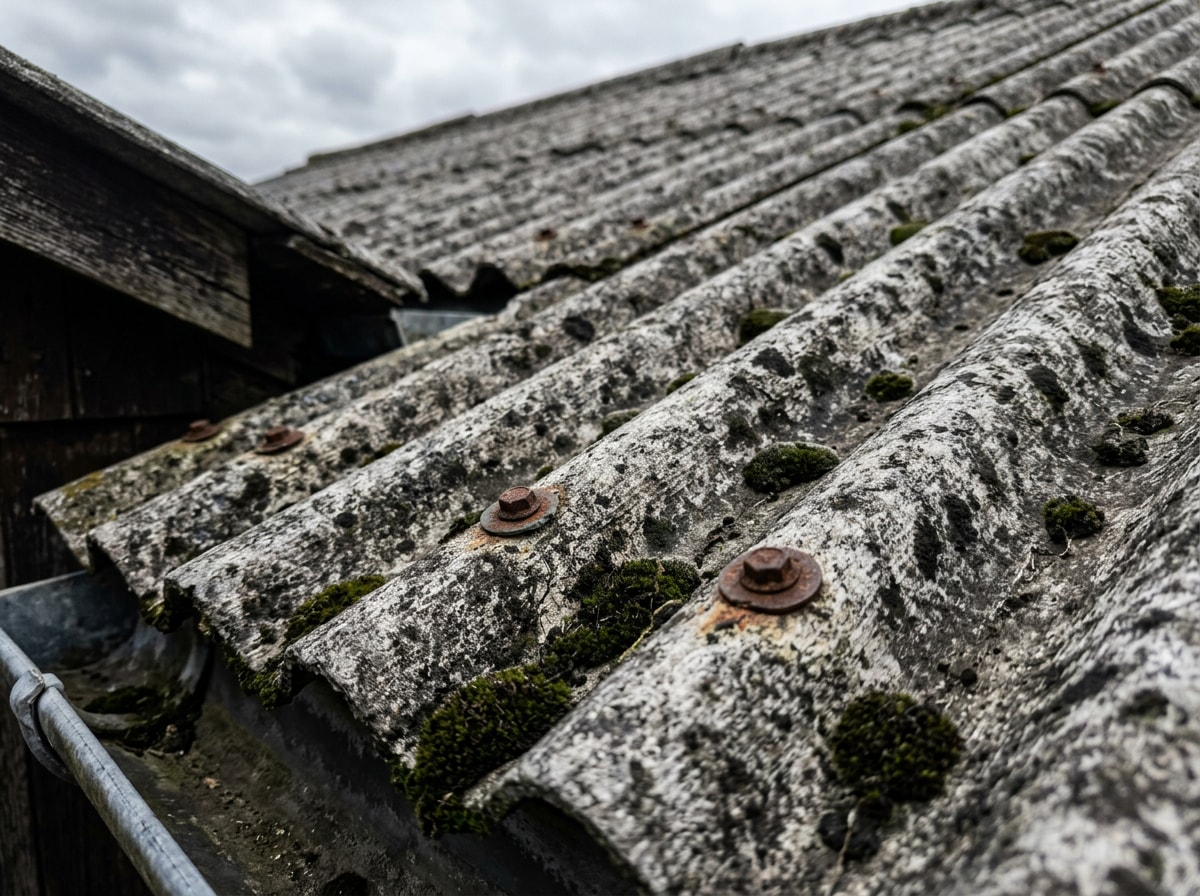 Weathered asbestos-cement roofing panels on a mid-century home exterior