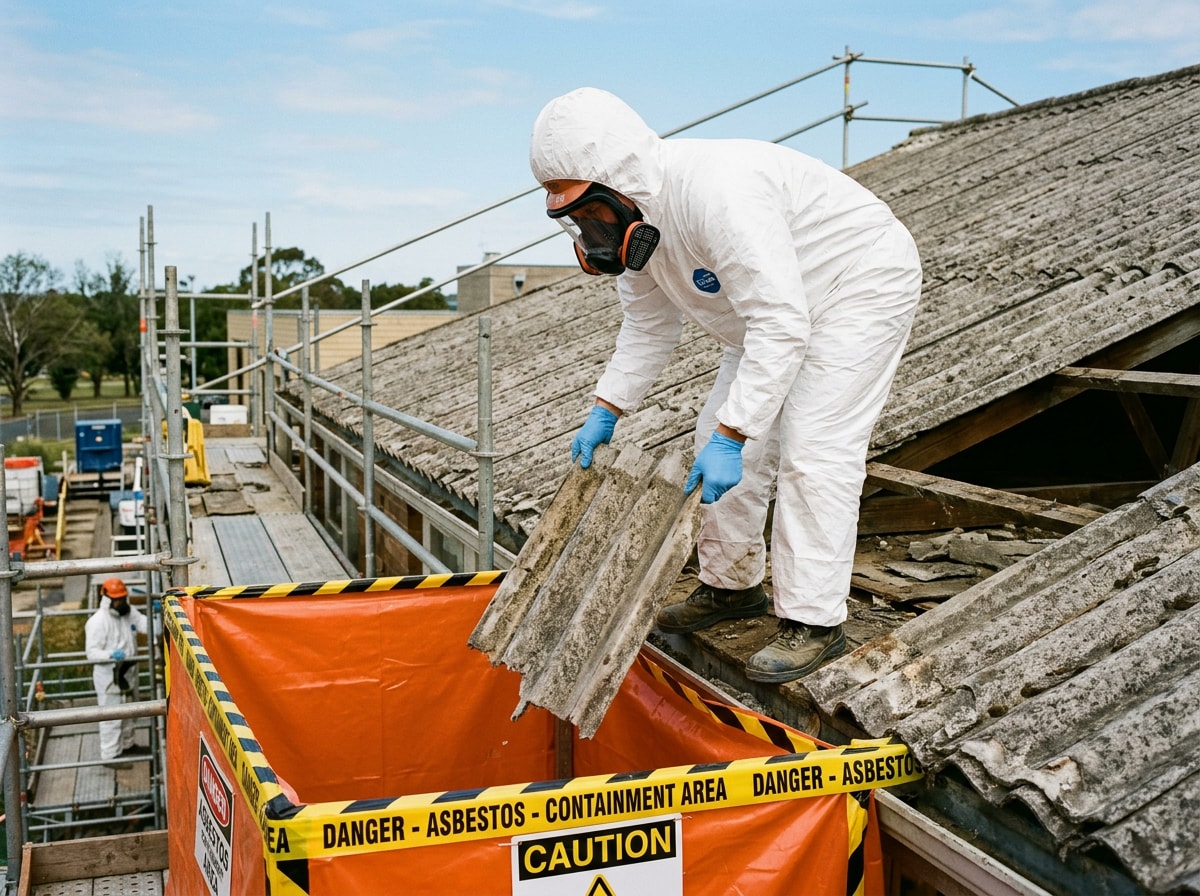 Licensed abatement crew removing cement roofing panels in full protective gear