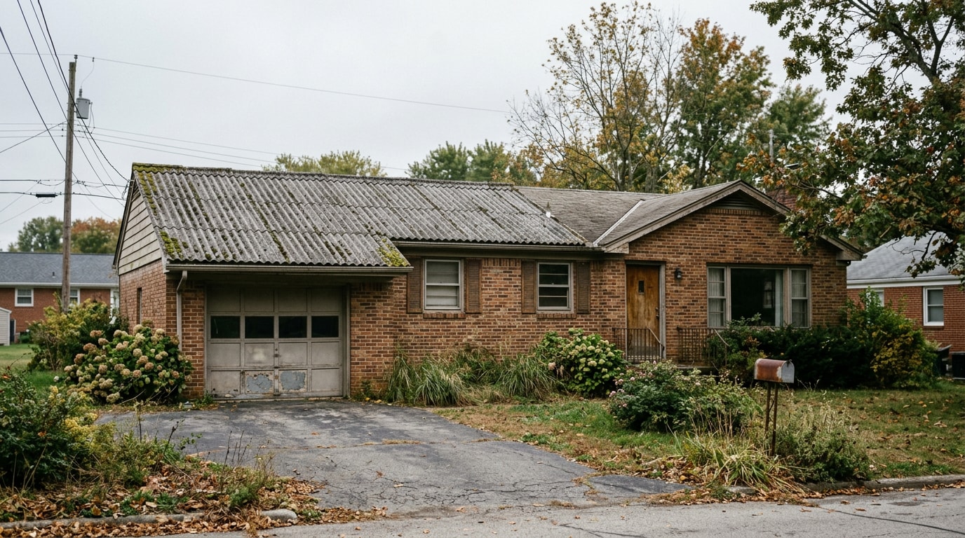 Older home with weathered cement roofing panels typical of pre-1980 construction