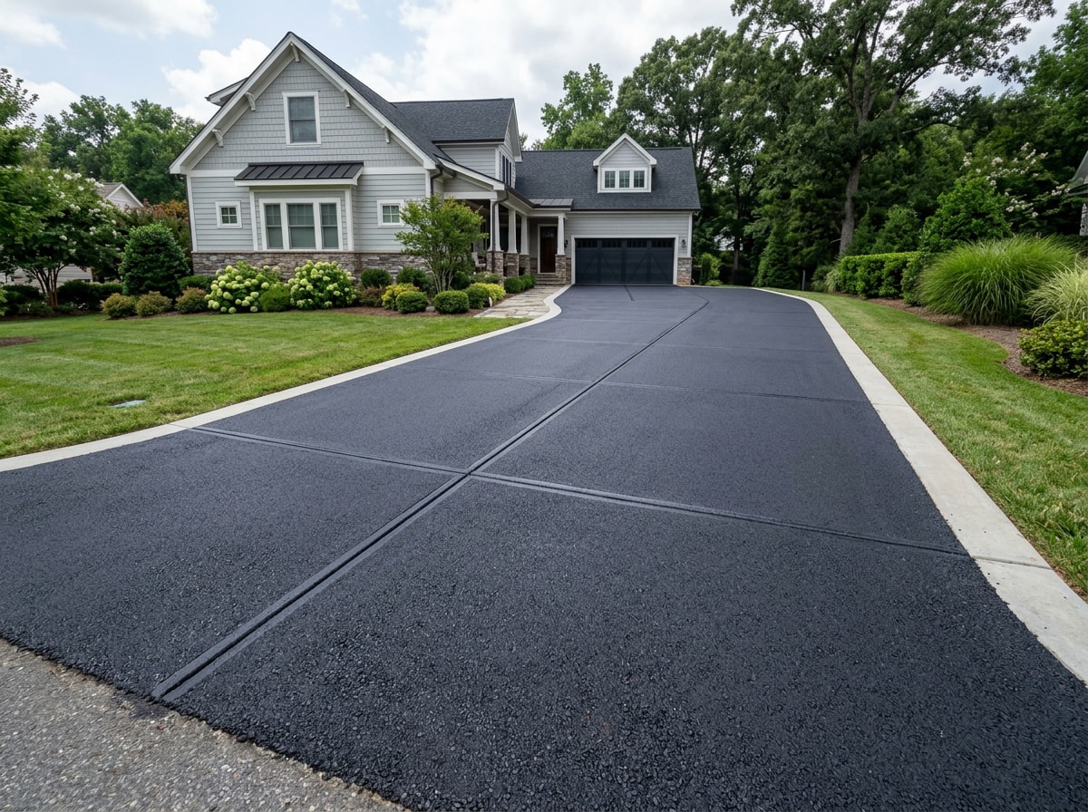 Freshly finished asphalt driveway with clean control joints at a Charlotte-area home