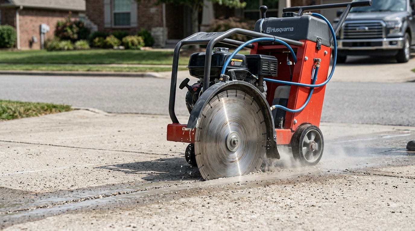 Walk-behind concrete saw cutting a control joint into a driveway slab