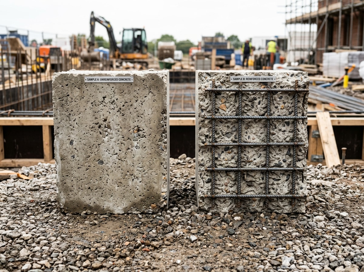 Side-by-side cross-section comparing a plain concrete plinth and a rebar-reinforced concrete plinth