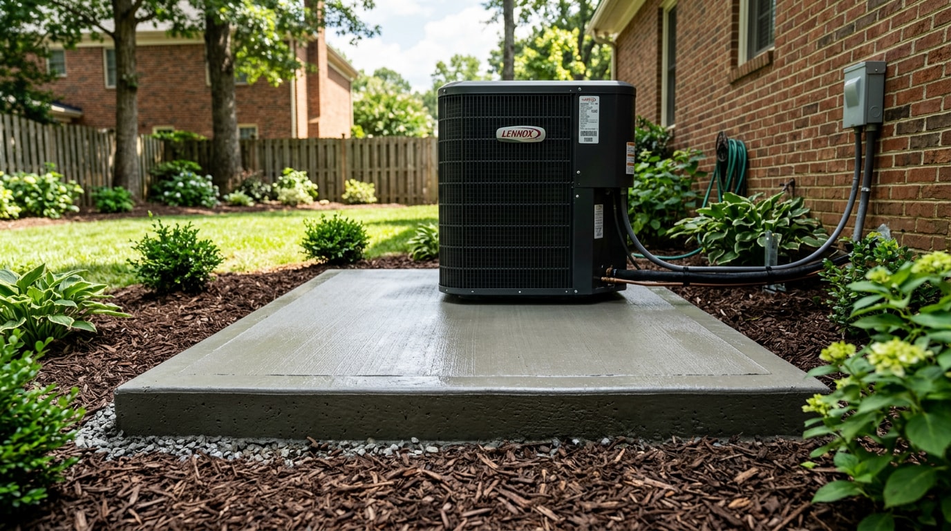 Concrete plinth pad supporting an HVAC unit in a Pineville, NC backyard
