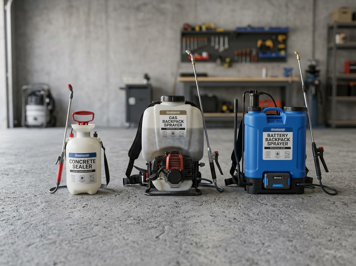 Side-by-side comparison of pump-up, backpack, and battery-powered concrete sealer sprayers
