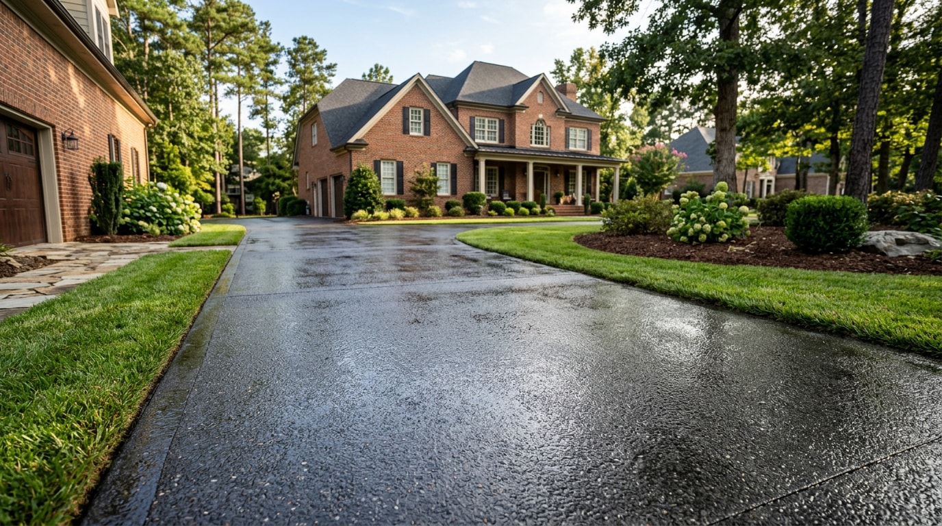 Freshly sealed concrete driveway glistening in sunlight outside a North Carolina home