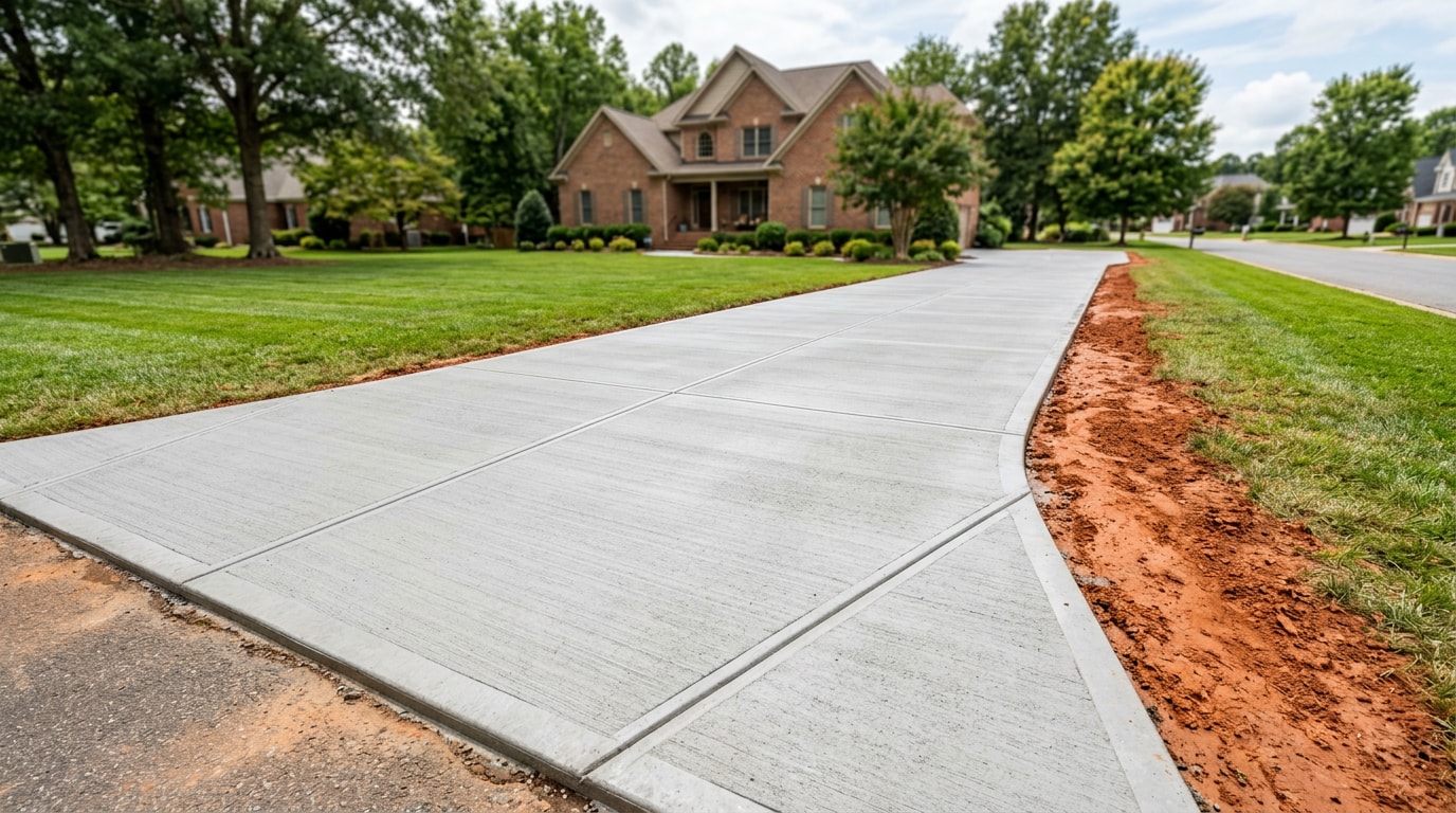 Entrada de concreto hidráulico recién instalada en una propiedad residencial del Greater Charlotte Area, NC Entrada de concreto hidráulico recién instalada en una propiedad residencial del Greater Charlotte Area, NC