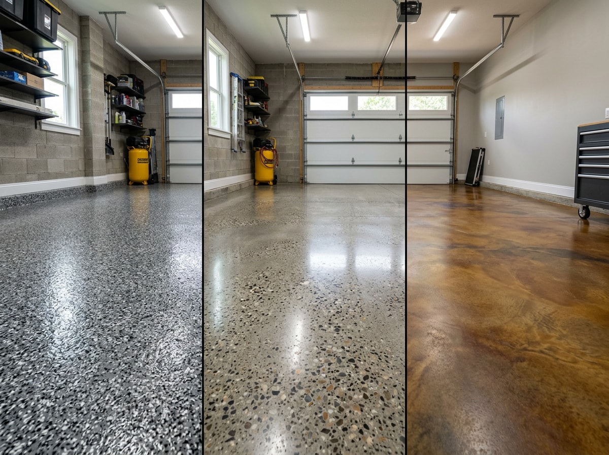 Comparison of coated, polished, and stained concrete garage floor finishes