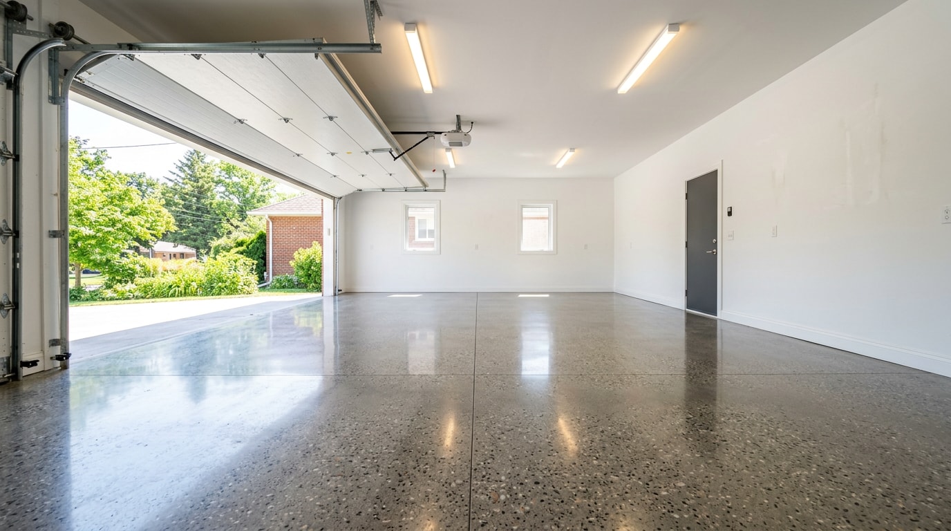 Polished concrete garage floor with satin sheen in a residential garage Polished concrete garage floor with satin sheen in a residential garage