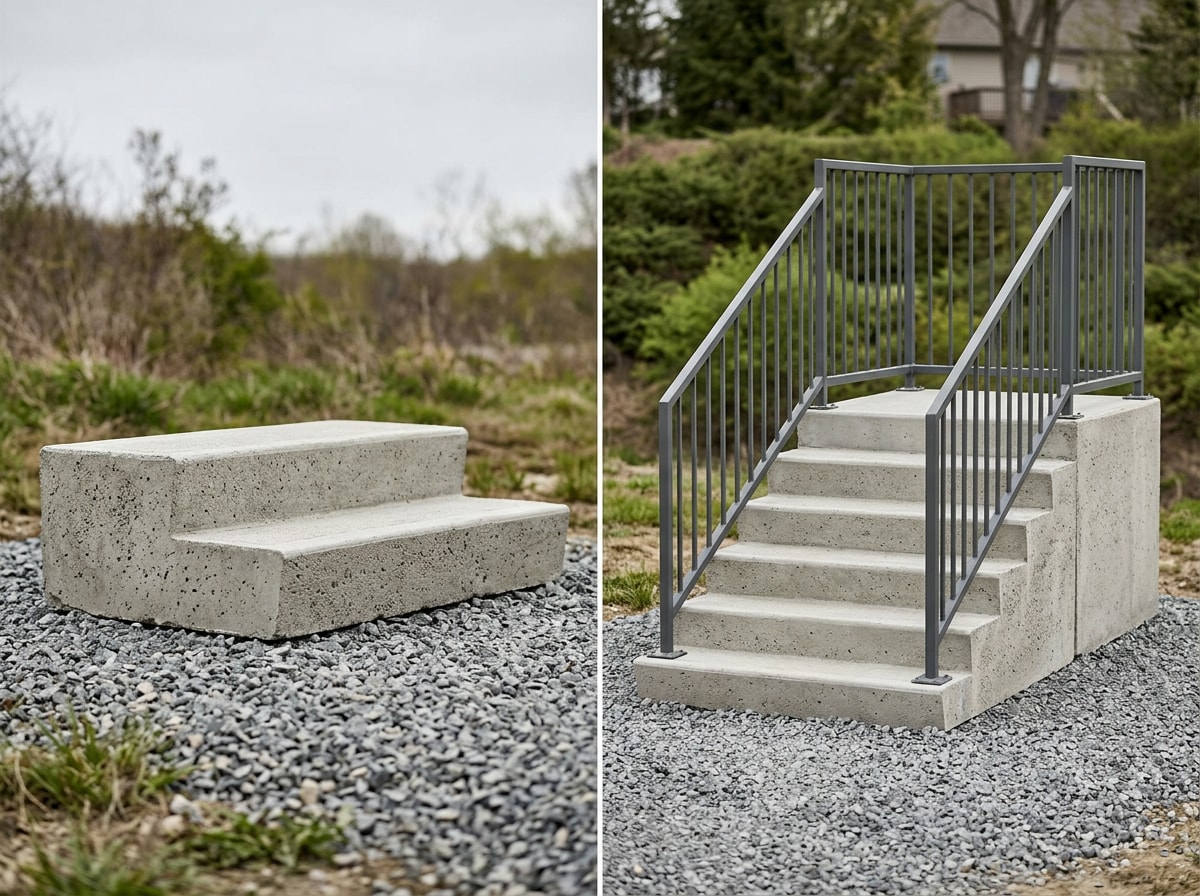 Side-by-side comparison of a standalone precast concrete step and a multi-step precast stair with landing