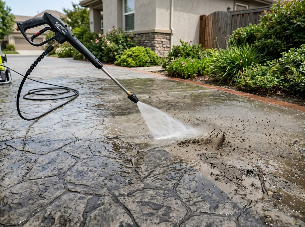 Technician power-washing a stamped concrete surface with a fan-tip nozzle before sealing