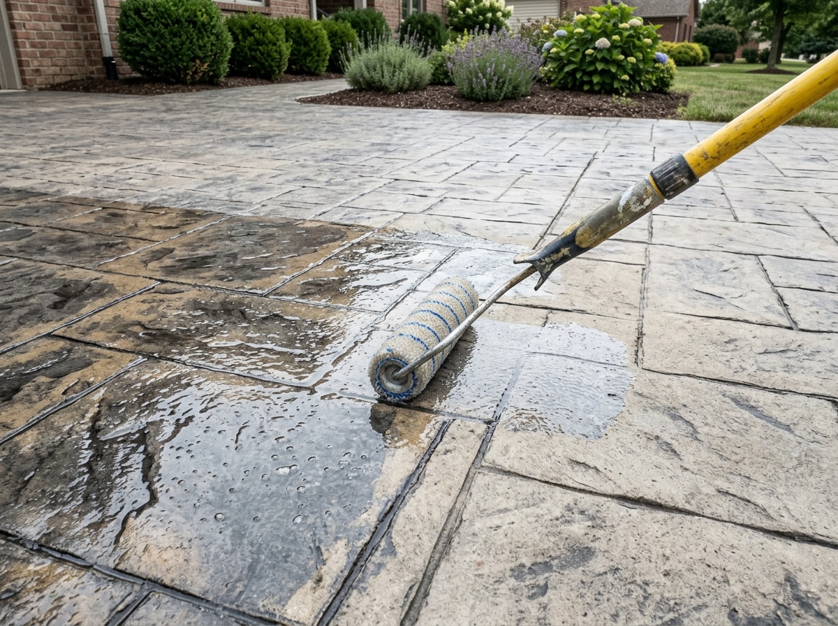 Contractor rolling sealer onto a stamped concrete driveway in thin, even coats