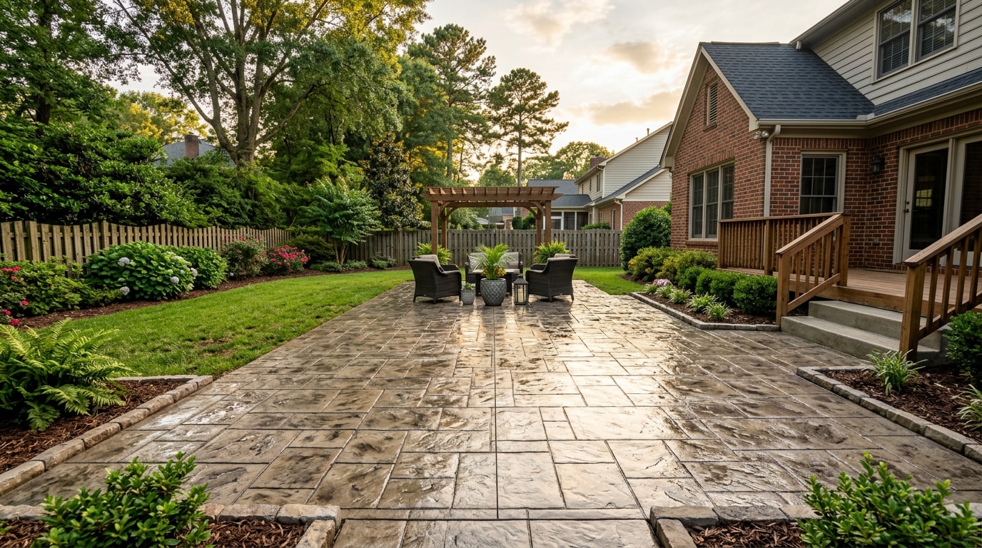 Freshly sealed stamped concrete patio with glossy wet-look finish in a Pineville, NC backyard Freshly sealed stamped concrete patio with glossy wet-look finish in a Pineville, NC backyard