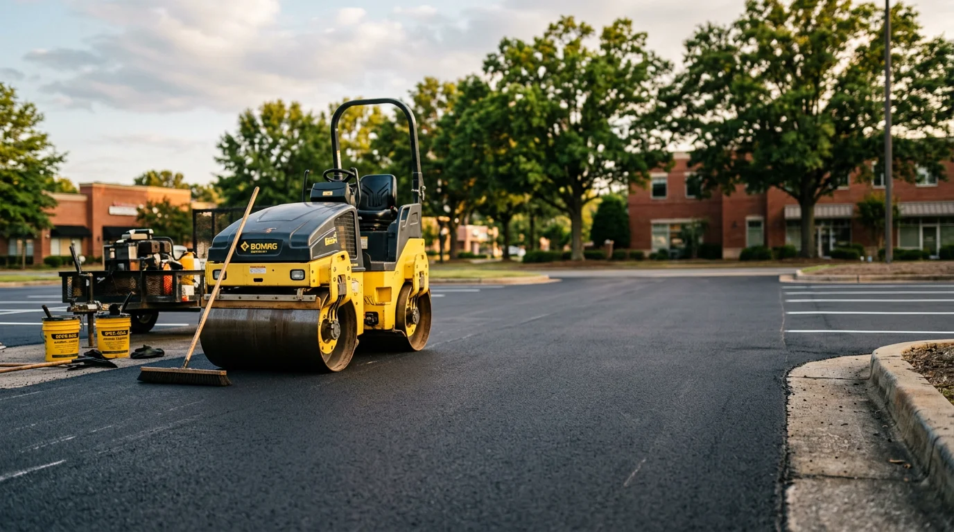 Asphalt paving truck and crew working on a large development project in Charlotte