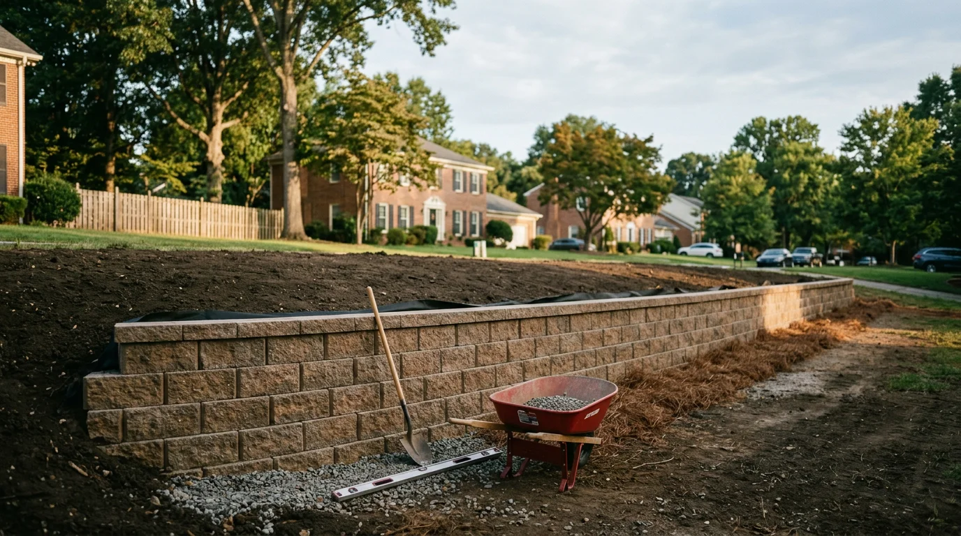 Completed retaining wall installation on a residential property in Charlotte