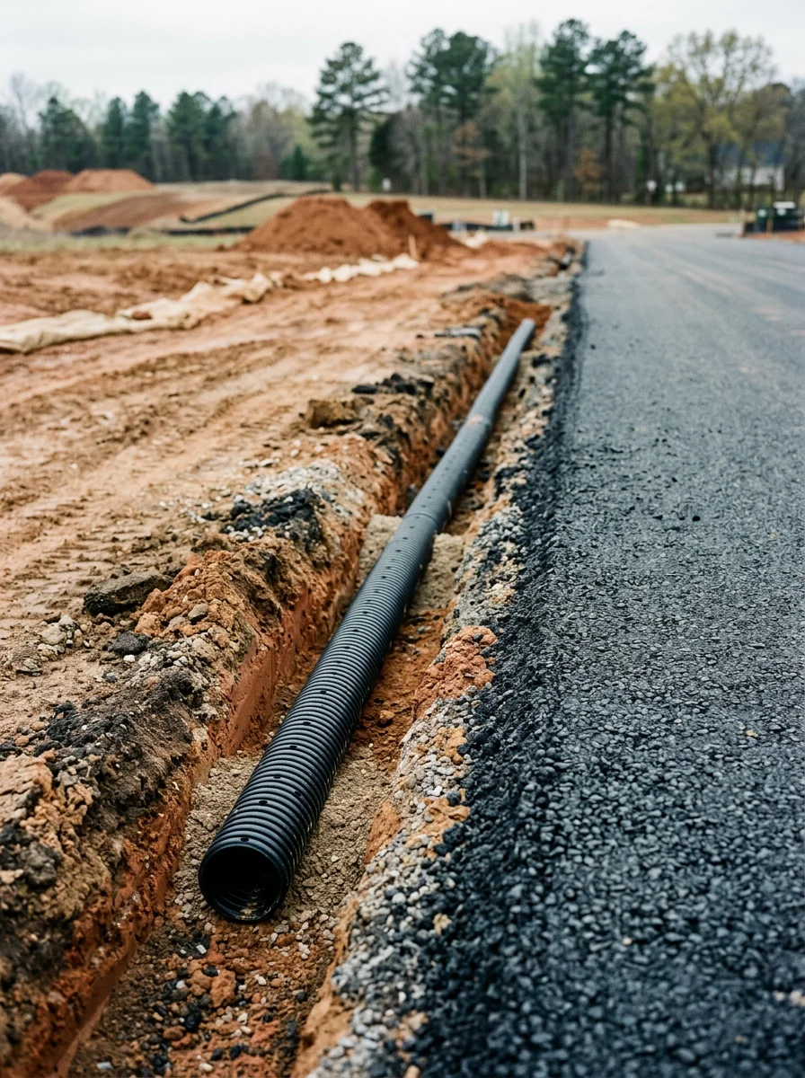 Close-up of compacted asphalt base layer and drainage system during site preparation for a residential subdivision in Cornelius, showing clay soil and erosion control measures