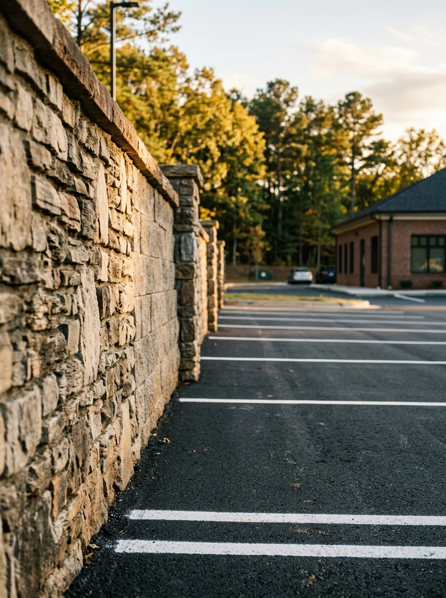 Finished parking lot and retaining wall for commercial development in Denver, North Carolina