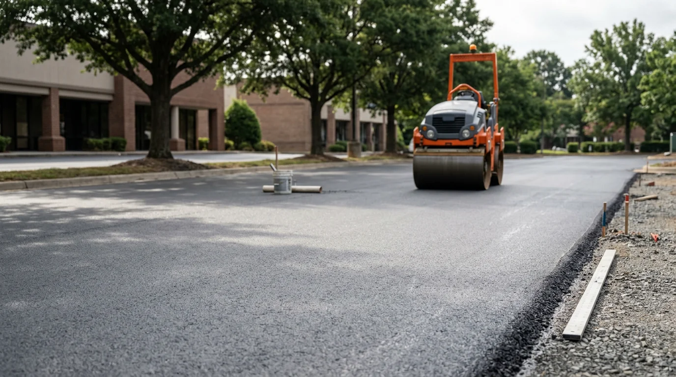 Freshly finished asphalt surface on a Charlotte Metro commercial property, showing smooth compacted pavement with clean edges and consistent dark coloring. A paving crew completes the final rolling pass on a level lot with no visible low spots or edge irregularities.