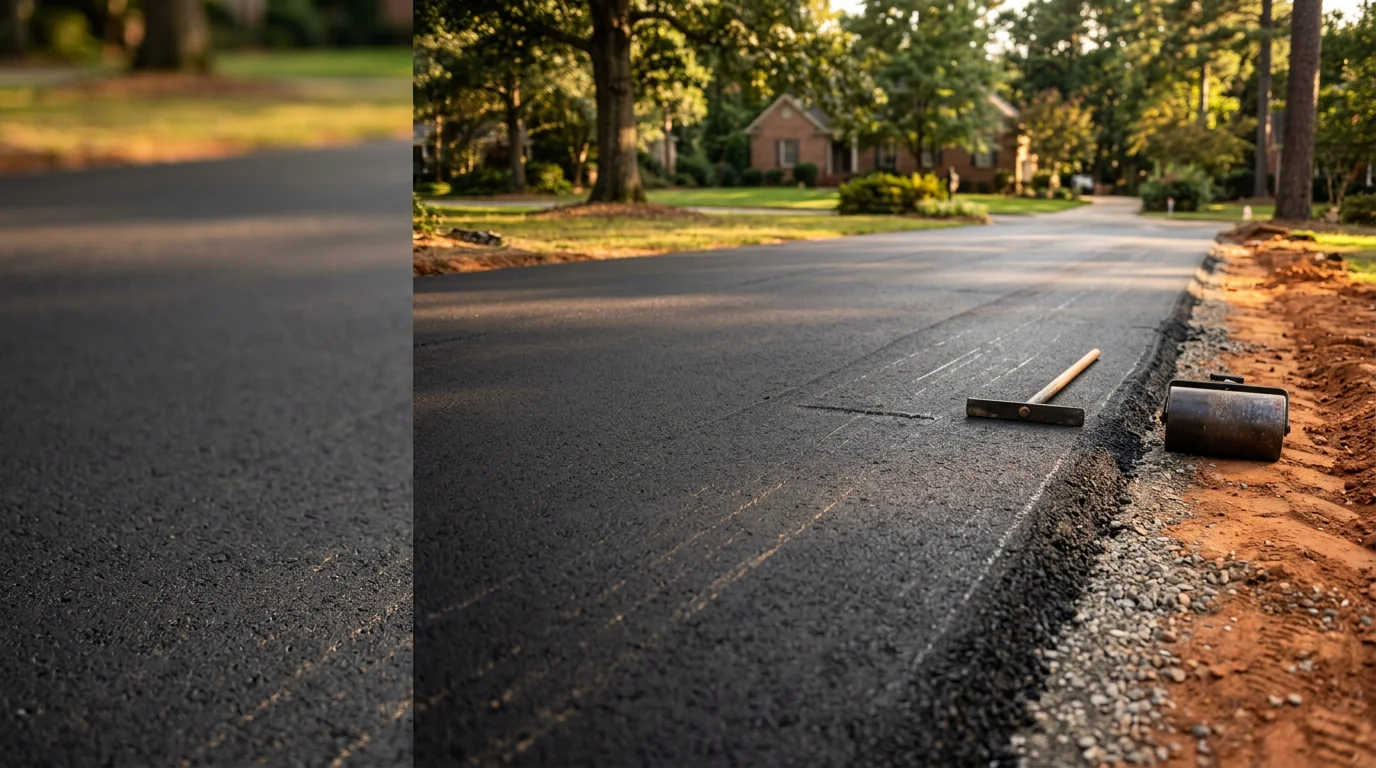 Freshly paved asphalt surface on a Charlotte Metro property, showing a smooth, dark finish with clean edges and proper grading. The Ward Contracting team completes asphalt paving work across the Charlotte area for residential and commercial properties.