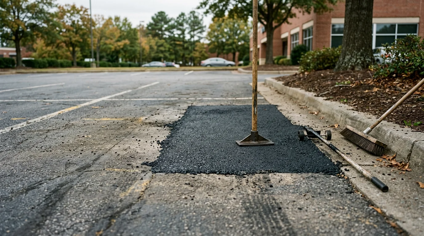 A freshly patched asphalt driveway in the Charlotte Metro area showing smooth, dark repair sections blending into the surrounding pavement surface. Close-up view highlights filled cracks and a level surface after professional asphalt repair work.