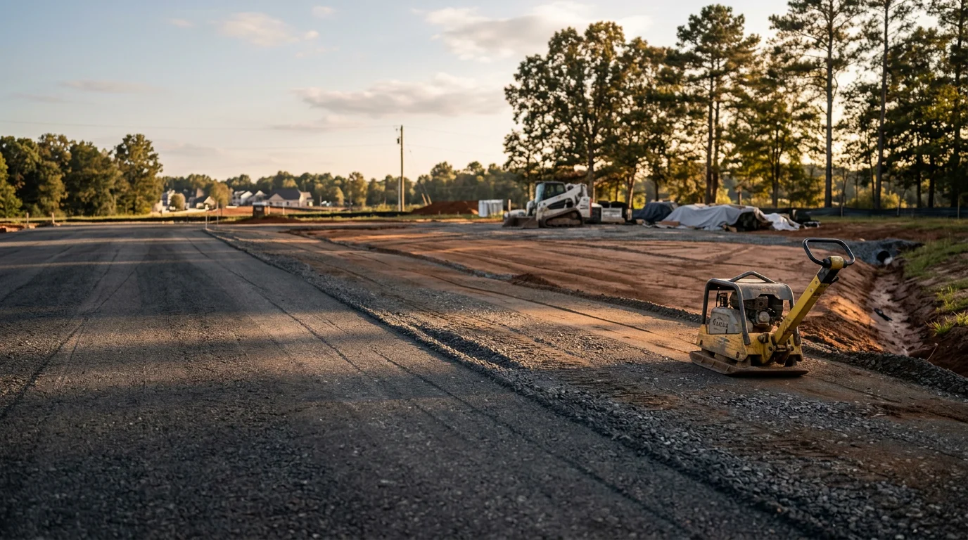 Freshly compacted aggregate base layer on a Charlotte Metro paving site, graded and ready for asphalt installation. Heavy roller equipment is visible on the leveled stone surface with a commercial property in the background.