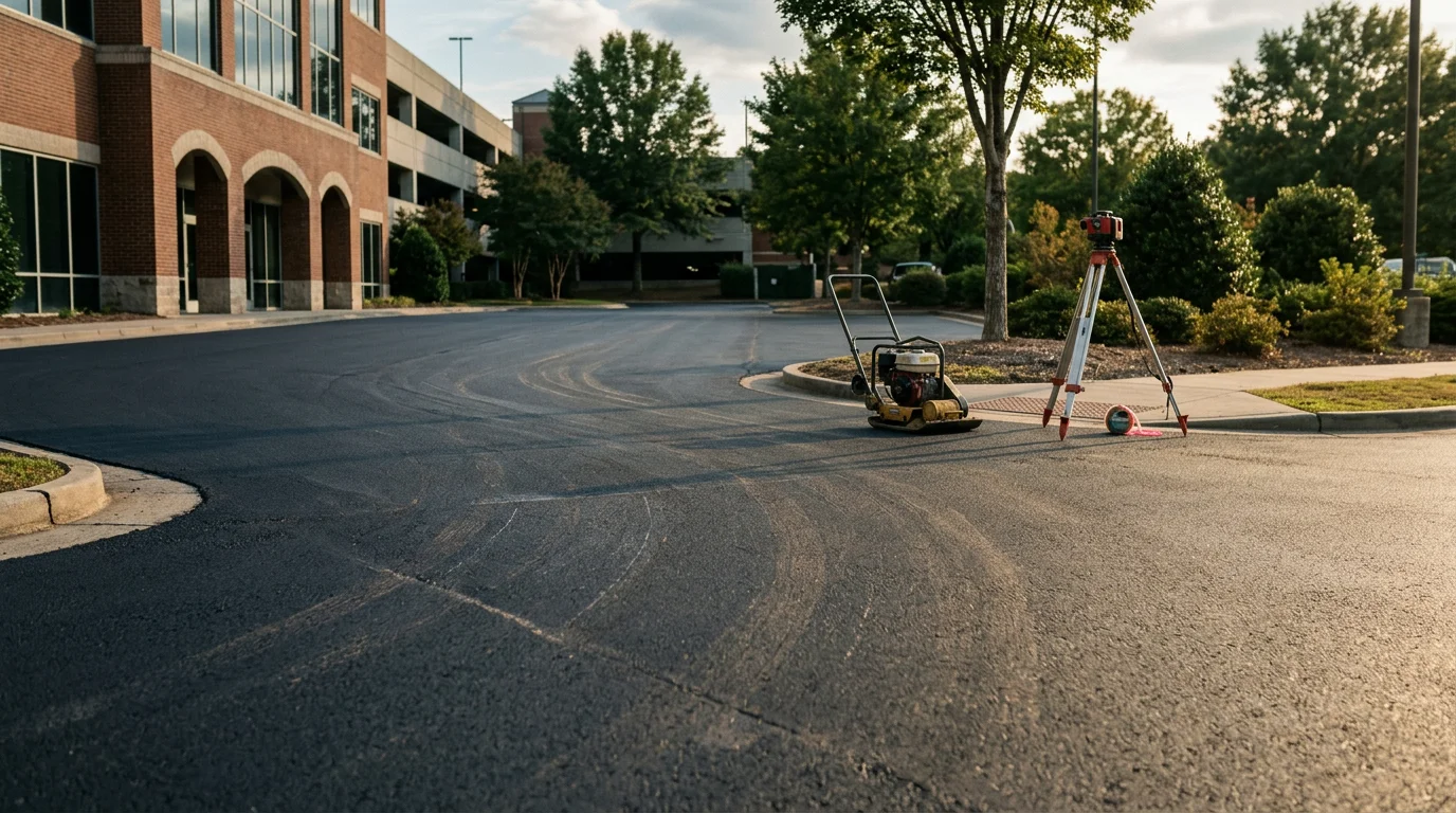 Freshly paved commercial asphalt parking lot at a business property in the Charlotte Metro, showing smooth black surface with clean edges and proper slope for drainage.