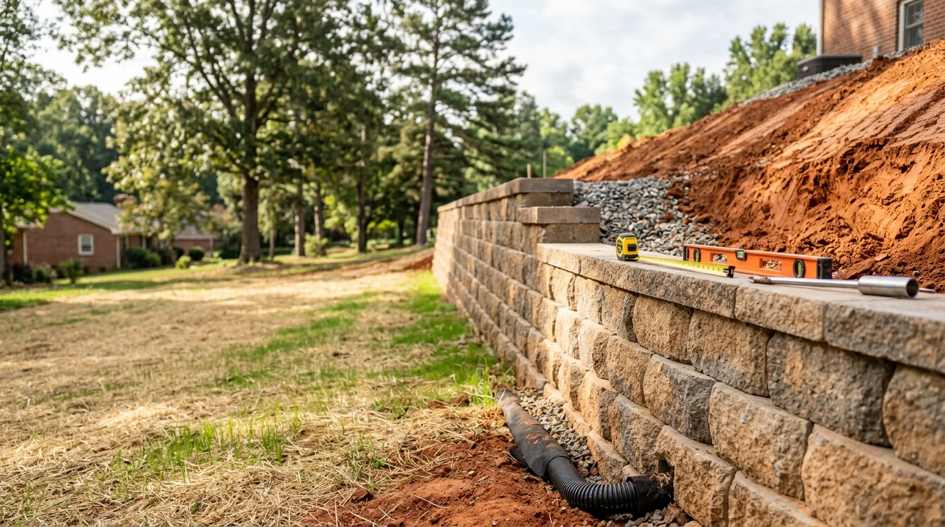 A finished erosion control wall built into a sloped residential yard in the Charlotte Metro, with stable graded soil held firmly behind the wall. The surrounding ground shows no signs of runoff channels or soil displacement.