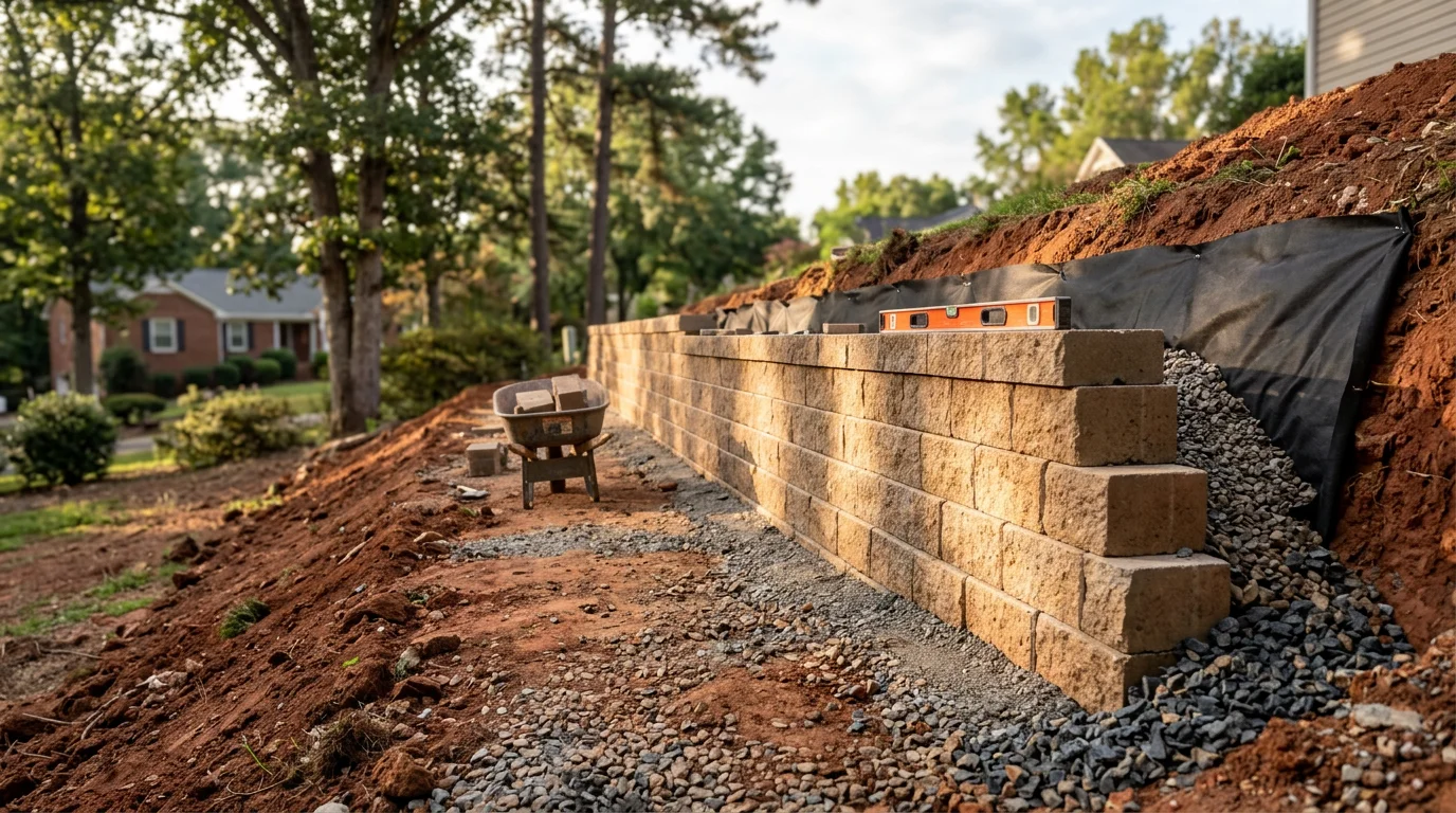A finished landscape retaining wall holding back a sloped residential yard in the Charlotte Metro area, with level ground visible above the wall and a graded lawn below. The wall runs along the property edge, showing clean horizontal courses of stacked wall material against a green grass backdrop.