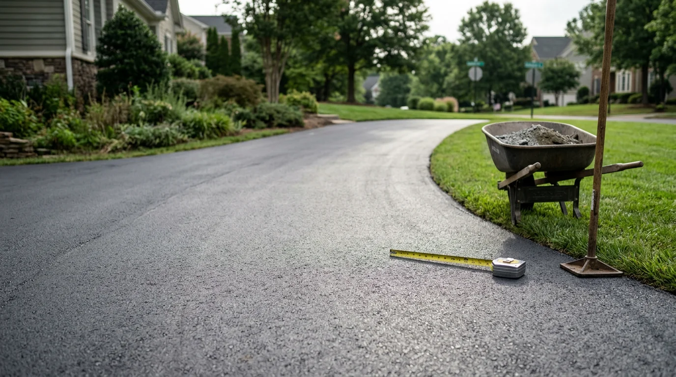 A freshly paved residential asphalt driveway in front of a single-family home in the Charlotte Metro area. The surface is smooth and dark with clean edges graded away from the home's foundation.