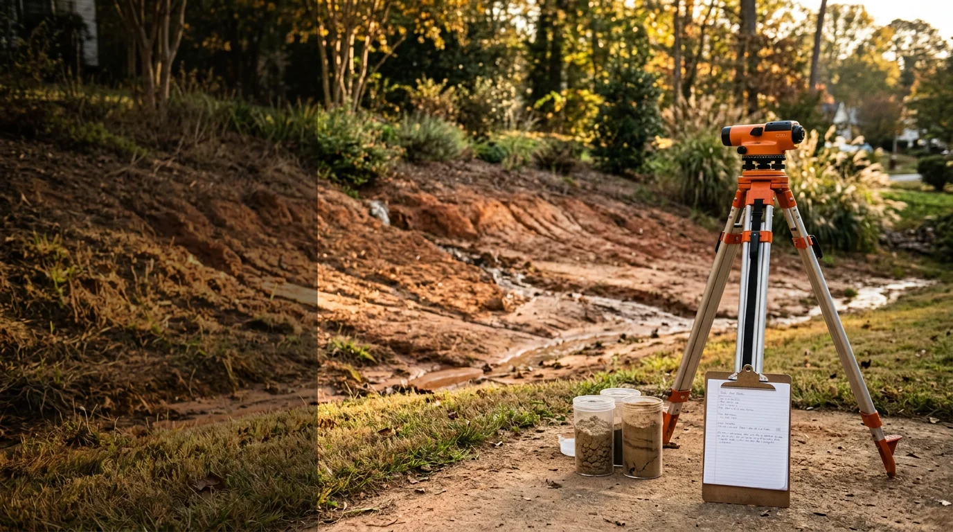 A professionally designed retaining wall holding back a clay-soil slope on a residential property in the Charlotte Metro. The wall creates a level yard area with visible drainage consideration built into the base.