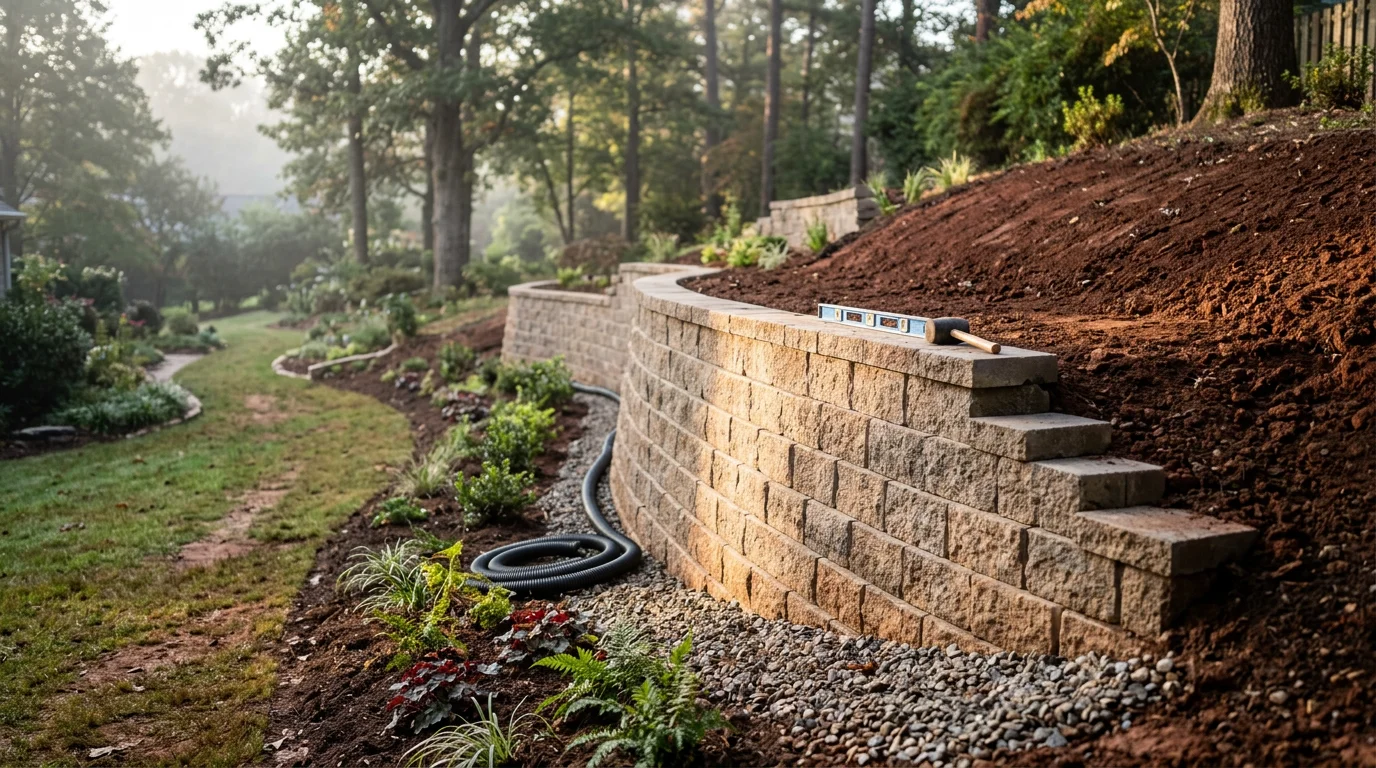 A newly installed retaining wall holding back a sloped yard on a residential property in the Charlotte Metro. The wall creates a level grade between the upper lawn and the lower yard, with visible compacted backfill and a clean finished face.