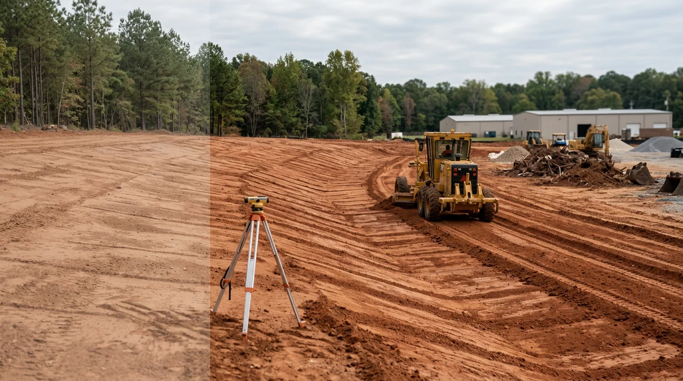 A graded and cleared dirt surface ready for paving on a residential property in the Charlotte Metro area. The ground is level and sloped for drainage, with no debris or vegetation remaining.